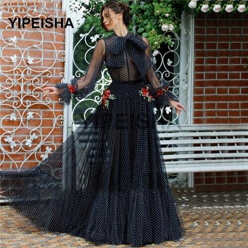 Black IIIusion Evening Dresses 3D Flowers Party Gown Dot Chiffon Puff Sleeves Formal Prom Dress vestido de festa