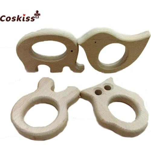 DIY Baby Teether Toys Organic Natural Beech Wooden Elephant-Bird-Rabbit-Owl Hand Cut Toys Baby Wooden Teether Gift