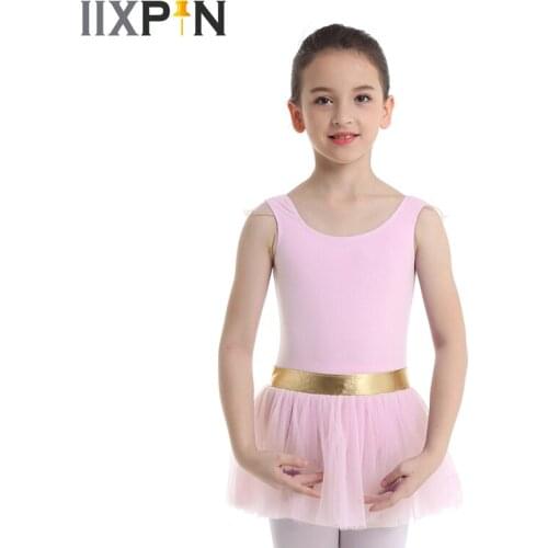 Kids Girls Gymnastics Leotard Tutu Dress ballerina ballet tutu dance Little Mesh Flying Sleeves Gold Waist Ballet Dance dress
