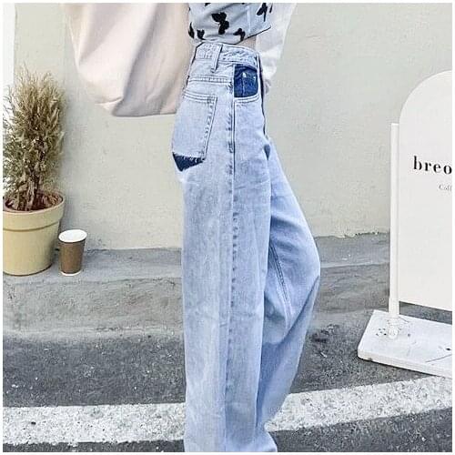 Korean design high waist jeans womens spring and summer straight loose wide-leg pants Pleated Cotton JEANS