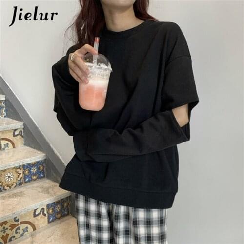 Jielur Fashion Loose Holes Gray Black Hoodies Female Spring Autumn Street Thin Pullover Womens Sweatshirt 2021 Full Sleeve M-XL