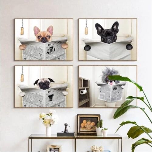 Dog Reading Newspaper Toilet Wall Art Canvas Prints Funny Dog Painting Wall Picture Home Bathroom Decor Dogs Lover Gift