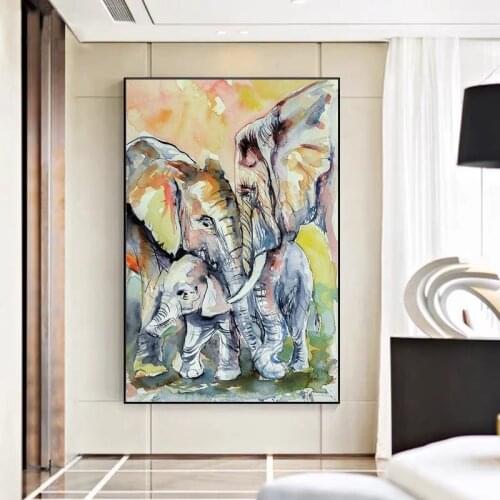 Animal Art Warm Colored Elephant Family Canvas Paintings Posters and Prints Wall Art Pictures for Living Room Decor Cuadros