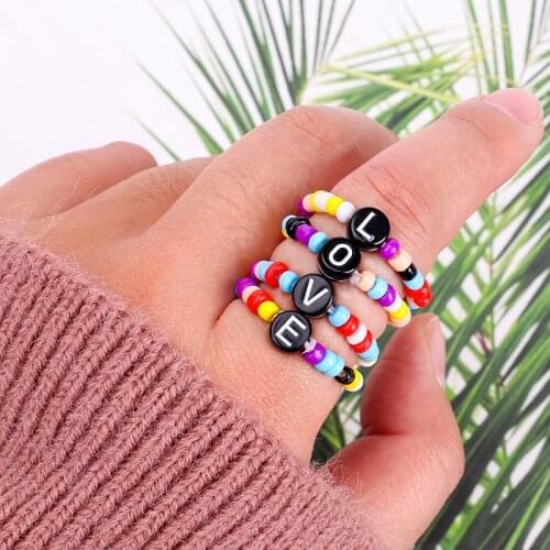 Fashion Colorful Small Beads Ring for Women Trendy Cute Elastic Letter Rings Set Stackable Boho Rainbow Rings Finger Jewelry
