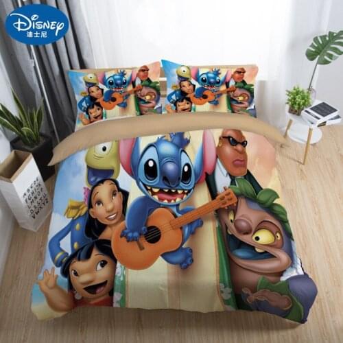 Disney Cute Stilch Pattern Bedding Set Childrens Bedroom Decoration Blue and Yellow Cartoon Duvet Quilt Cover Pillowcase