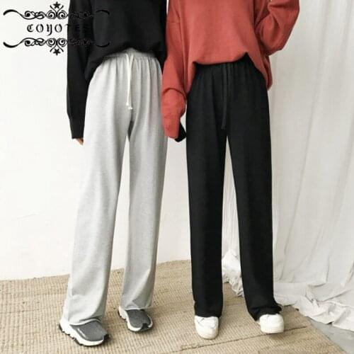 COYOTES Womens Pant Solid Wide Leg Pants Women Elastic Waist Trousers Drawstring Leisure Loose Korean Style Simple All-match