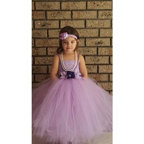 Beautiful Girls Lavender Tutu Dresses Kids Crochet Tulle Tutus Ball Gown with Flowers and Headband Children Wedding Party Dress