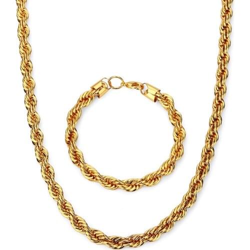 Thick Jewelry Set Yellow Gold Filled Mens Necklace+Bracelet Twisted Chain Link