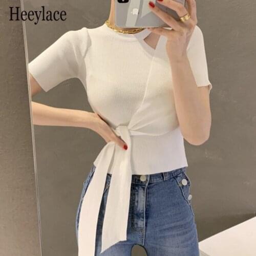 Bandage Solid Women T Shirts Knitted Hollow Out Fashion Summer 2021 Short Sleeve Irregular Camisetas De Mujer Korean T-shirt