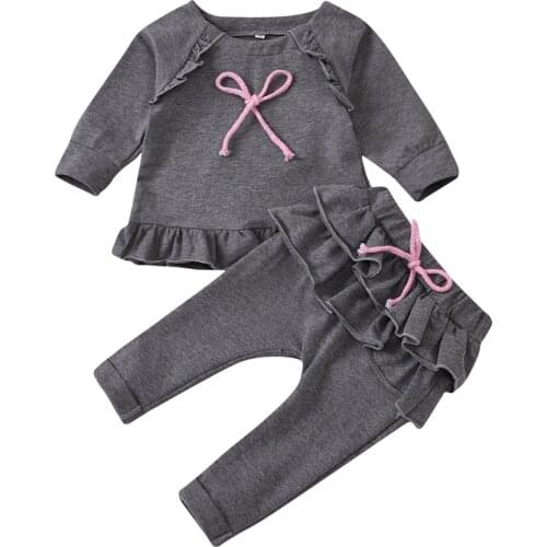 Newborn Infant Baby Girls Clothes Long Sleeve Solid Bowknot Tops Ruffles Pants Set 6 12 18 24 Months 3 Years ropa para bebes
