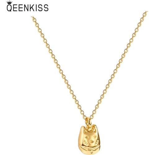 QEENKISS NC722 Fine Jewelry Wholesale Fashion Woman Girl Birthday Wedding Gift Lucky Cat 18KT Gold Clavicle Pendant Necklace