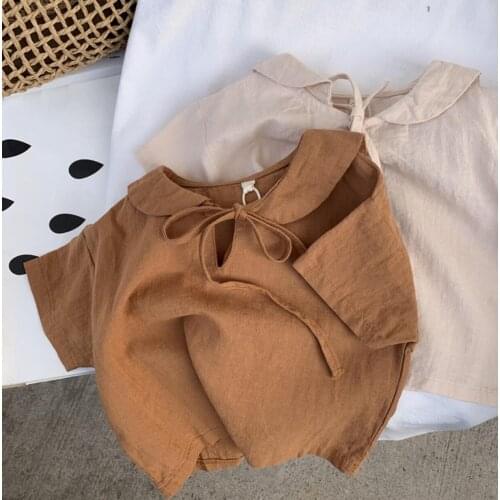 2021 new girls boys plaid shirt cotton linen summer short kids top