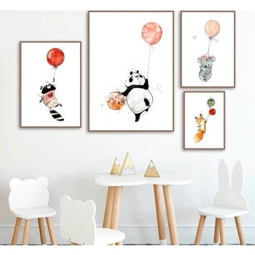 Balloon Flower Fox Panda Koala Raccoon Cartoon Animal Nordic Posters And Prints Wall Art Canvas Painting Wall Pictures Kids Room