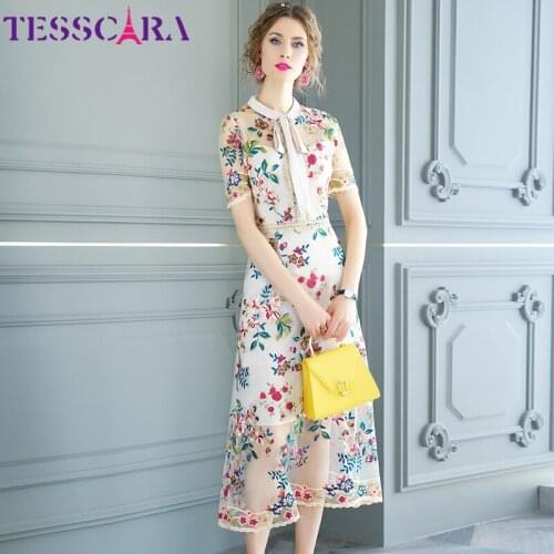 TESSCARA Women Luxury Embroidery Mesh Dress Festa High Quality Wedding Party Robe Femme Vintage Designer Floral Evening Vestidos