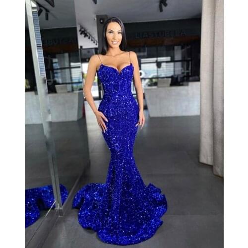 Royal Blue Black Prom Long Mermaid Spaghetti Cocktail Sequined Women Night Sexy Wedding Party Dresses