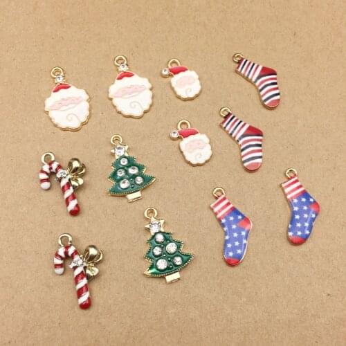 10pcs Christmas Tree Santa Claus Socks Bow Enamel Charms Gifts Alloy Pendants Floatings Bracelets DIY Jewelry Accessories YZ503