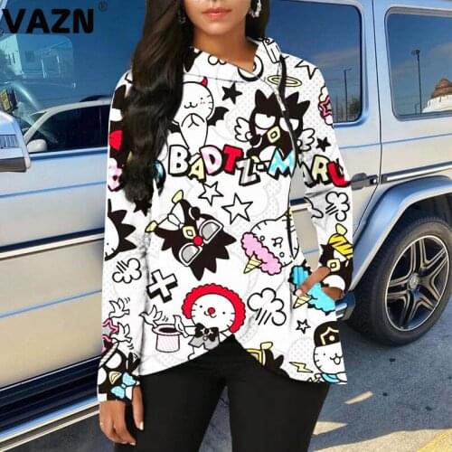 VAZN 2020 Autumn Upsurge Cartoon Fancy Casual Style Long Tees Lazy Nature Young Hooded Full Sleeve Women Slim Long Tees