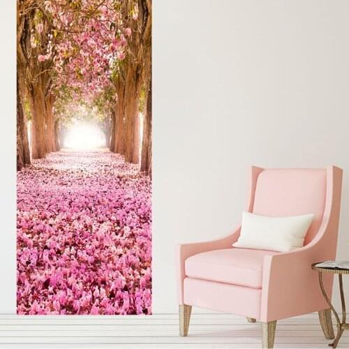 Living Room Wedding House Romantic Cherry Blossom Avenue 3D Door Sticker PVC Self-Adhesive Waterproof Home Decals Vinyl 3D Mural