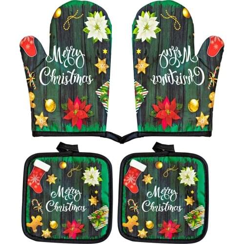 4Pcs/set Hot Oven Mitts Baking Anti-Hot Gloves Pad Oven Microwave Insulation Mat Christmas Decoration Baking Kitchen Supplies