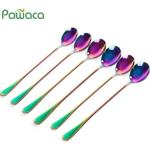 6Pcs/lot Stainless Steel Long-handled Spoon Rainbow Dessert Ice Cream Coffee Spoon Stirring Teaspoons Coffee Spoon Flatware Set
