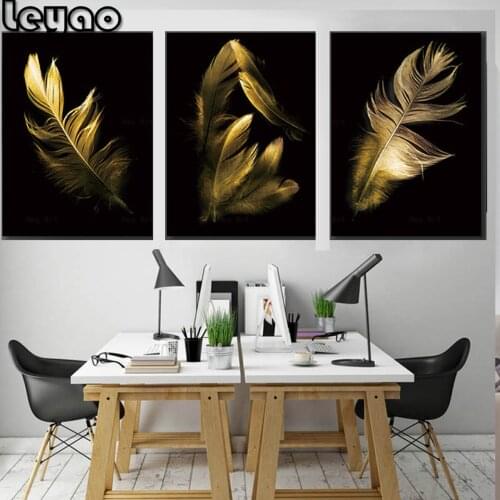 5d diamond Painting Nordic 3 Piece Posters and Prints Black Bottom Pictures Gray Gold Feather diamond embroidery painting