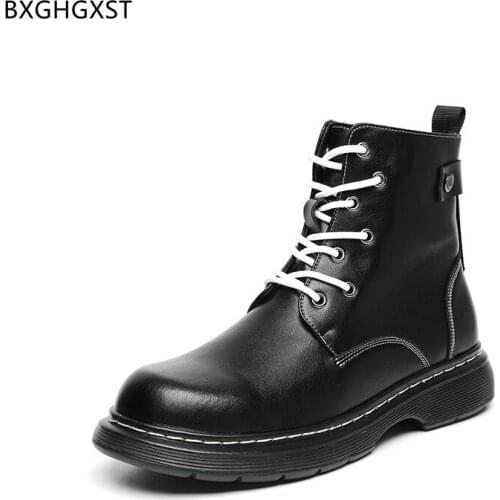 Black Leather Boots Men Platform Winter Boots Man Martin Boots for Men Male Fashion Motorcycle Shoes for Man 2021 Zapatos Hombre