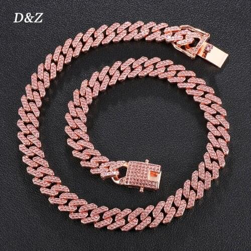 D&Z New Pink Color 12MM Hip Hop Iced Out Bling Rhinestone Miami Cuban Link Chain Necklace For Mens/Women Fashion Jewelry