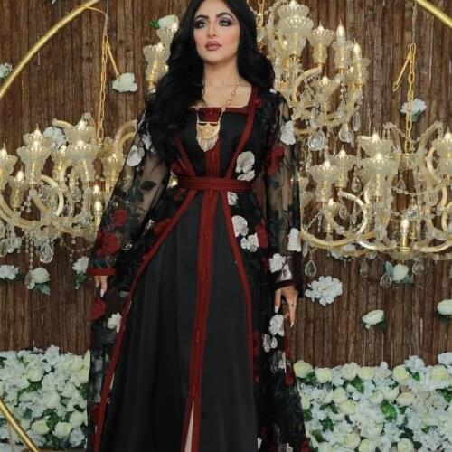 Full Body Embroidered Lace Mesh Abaya Set Dubai Arabic Turkish Noble Kaftan Long Dress Muslim Islamic Women Clothing