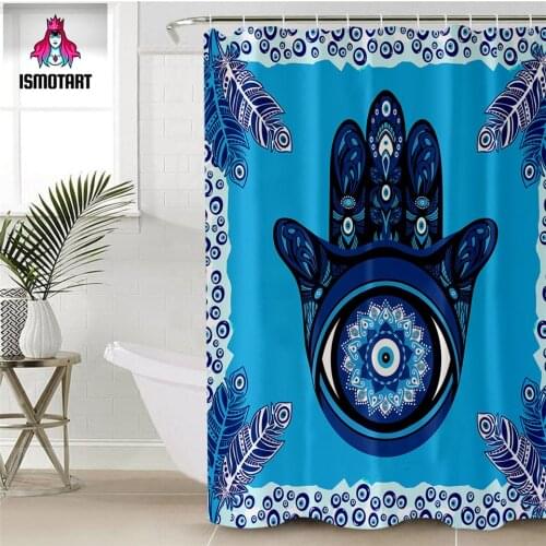 Evil Eye Hamsa by Ismot Esha Shower Curtain Mandala Waterproof Hand Blue Bath Curtain With Hook Peacock Feather Bathroom Curtain