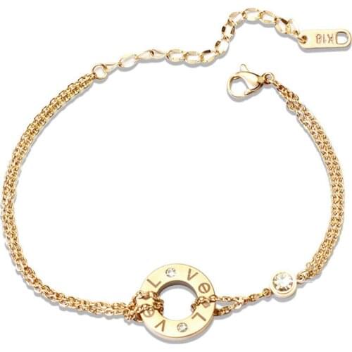 Fashion Double Chain With Crystal Bracelet Love Letter Women Bracelet For Love Couple Stainless Steel Jewelry