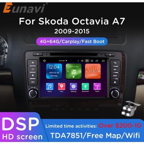 Eunavi Octa core 2 din 8'' Android 9.0 4G RAM Car DVD Player For Skoda Octavia 2014 2015 A7 GPS Navigation Radio Multimedia DAB