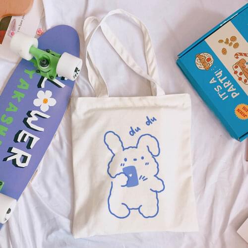 Korea Ulzzang bear cute print fashion casual large-capacity female bag canvas bag shoulder bag Kawaii new cartoon shopping bag