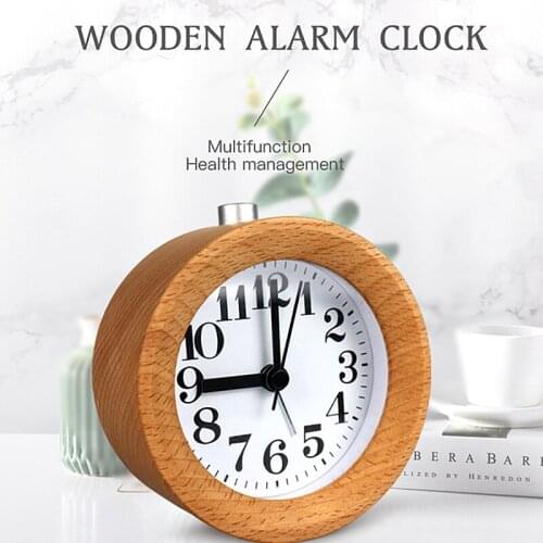 Round Wooden Alarm Clock Handmade Small Wood Silent Clock Desk Alarm Clock With Desk Lamp For Home Decoration часы настольные