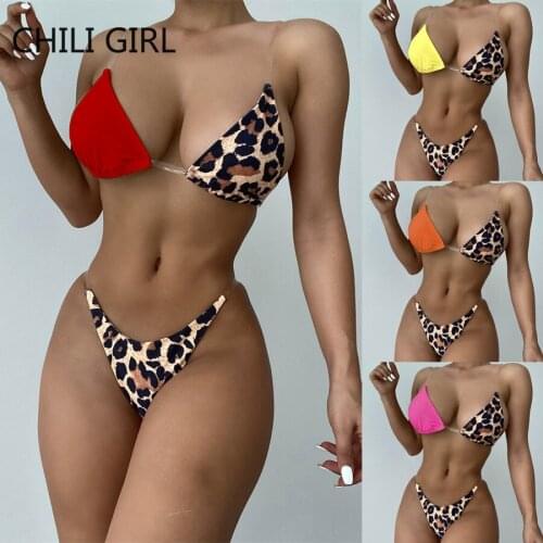 Sexy Leopard Print Stitching Bikini 2021 Clear Strap Push Up Swimsuits Transparent Straps Swimwear Summer Brazilian Bathing Suit