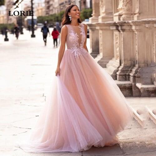 LORIE Elegant Pink Lace Wedding Dresses A Line Beach Bridal Gowns Soft Tulle Boho Wedding Bride Dresses Nude Top Plus Size