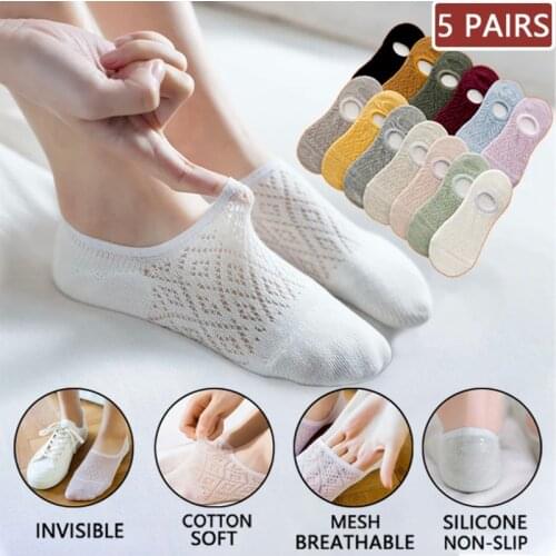 5 Pairs Women Silicone non-slip invisible Socks Summer Solid Color Mesh Ankle Boat Socks Female Cotton Slipper No show Socks
