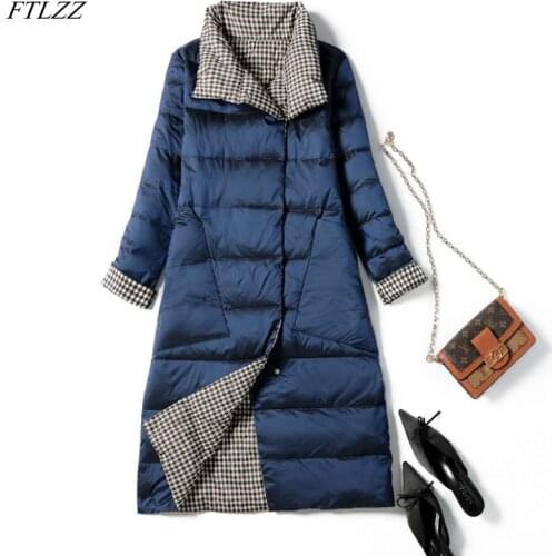 FTLZZ New Autumn Winter Women Double Sided Ultra Light Long Down Coat 90% White Duck Down Parkas Warm Snow Plaid Outwear