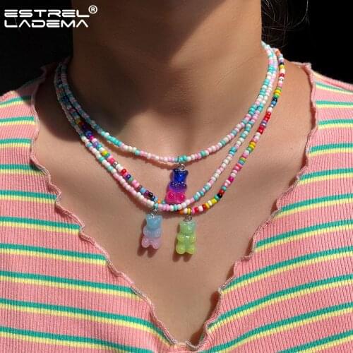 Trendy Bear Smiley Face Soft Clay Beads Choker Necklaces For Women Mushroom Cross Pearl Beaded Necklace Collar Boho Jewelry Gift