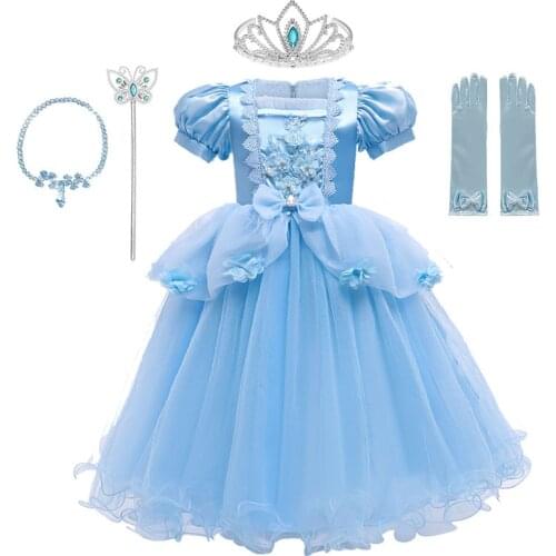 Cinderella Girl Dress Girls Beading Applique Flower Princess Dres Girl Lace Mesh Birthday Party Fancy Dress Kids Cosplay Costume