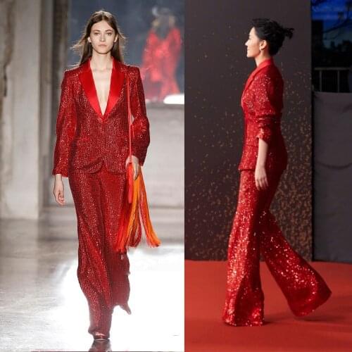 Luxury Elegant Women Full Sequins Red Pants Set Host Ladies Party Stage Performance Bling Blazer + Trousers 2 Pieces Set Y256