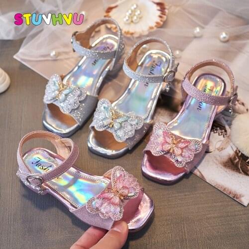 Girls Sandals Summer New Fashion Crystal Bow Childrens Princess Shoes Low-heeled Performance Kids Shoes for Girls Pink Silver