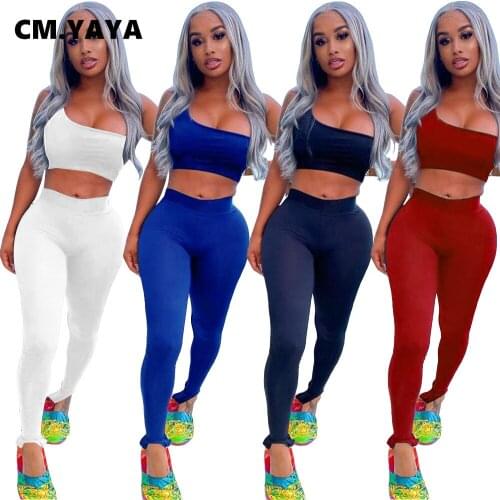 CM.YAYA Women Two 2 Piece Outfits Set One Shoulder Crop Tops and Slit Flare Leggings Pants Matching Set Active Workout Tracksuit