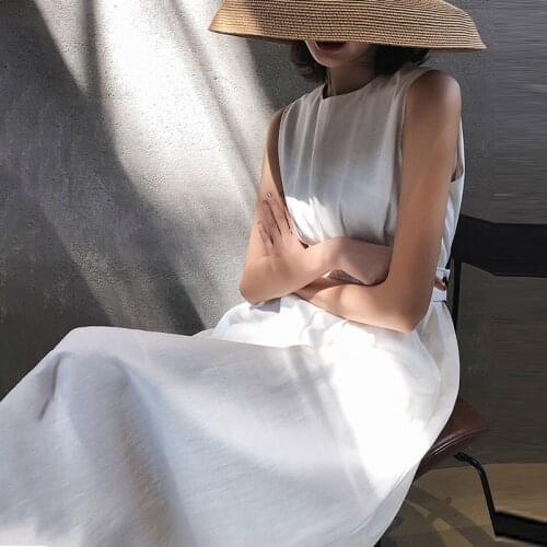 Vintage Dress Women Solid O Neck Sleeveless Women Party Dress With Pocket White Woman Dress Elegant Sundress Female Vestido