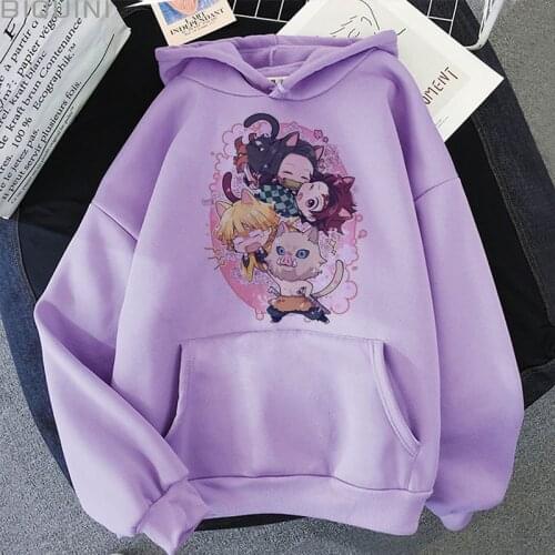 Demon Slayer Japan Anime Print Hoodie Harajuku Aesthetic Purple Tops Hoodies Women 2021 New Winter Fashion Casual Y2k Sweatshirt