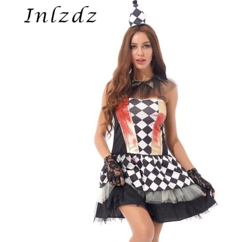 Womens Ladies Clown Cosplay Costume Strapless Plaid Layered Dress with Mesh Neckwear Lace Gloves Headwear Halloween Outfit