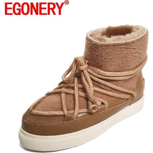 EGONERY Winter Shoes New Style Round Toe Ankle Snow Boots 2 Color Cross Tied Warm Wool Inside Slip On Genuine Leather Booties