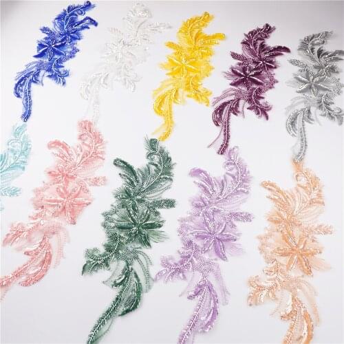 1pair Luxury beaded embroidered lace appliques for wedding dresses Rhinestone lace applique patches Embroidery lace parches ropa