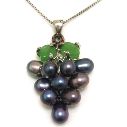 18 inches 20mmx40mm Grape Style 6-7mm Black Natural Rice Freshwater Pearl 925 Sterling Silver Charm Necklace