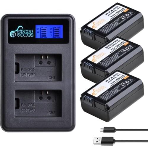 3PCS 1500mAh NP FW50 NP-FW50 Battery + LCD Dual Charger for Sony Alpha a6500 a6300 a6000 a5000 a3000 NEX-3 a7R