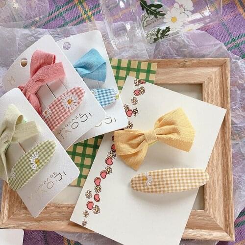 Korean Style Children Fashion Hair Pins College Style Daisy Flower Lattice Stripe Bow BB Hair Clips for Girl Hair Accessories